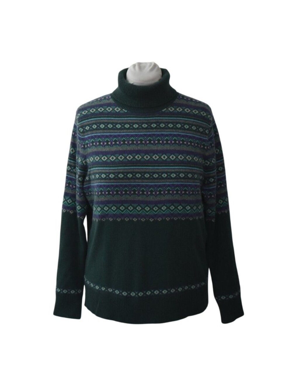 Lands End Cashmere Turtleneck Sweater Womens XL/P Fair Isle Green Purple